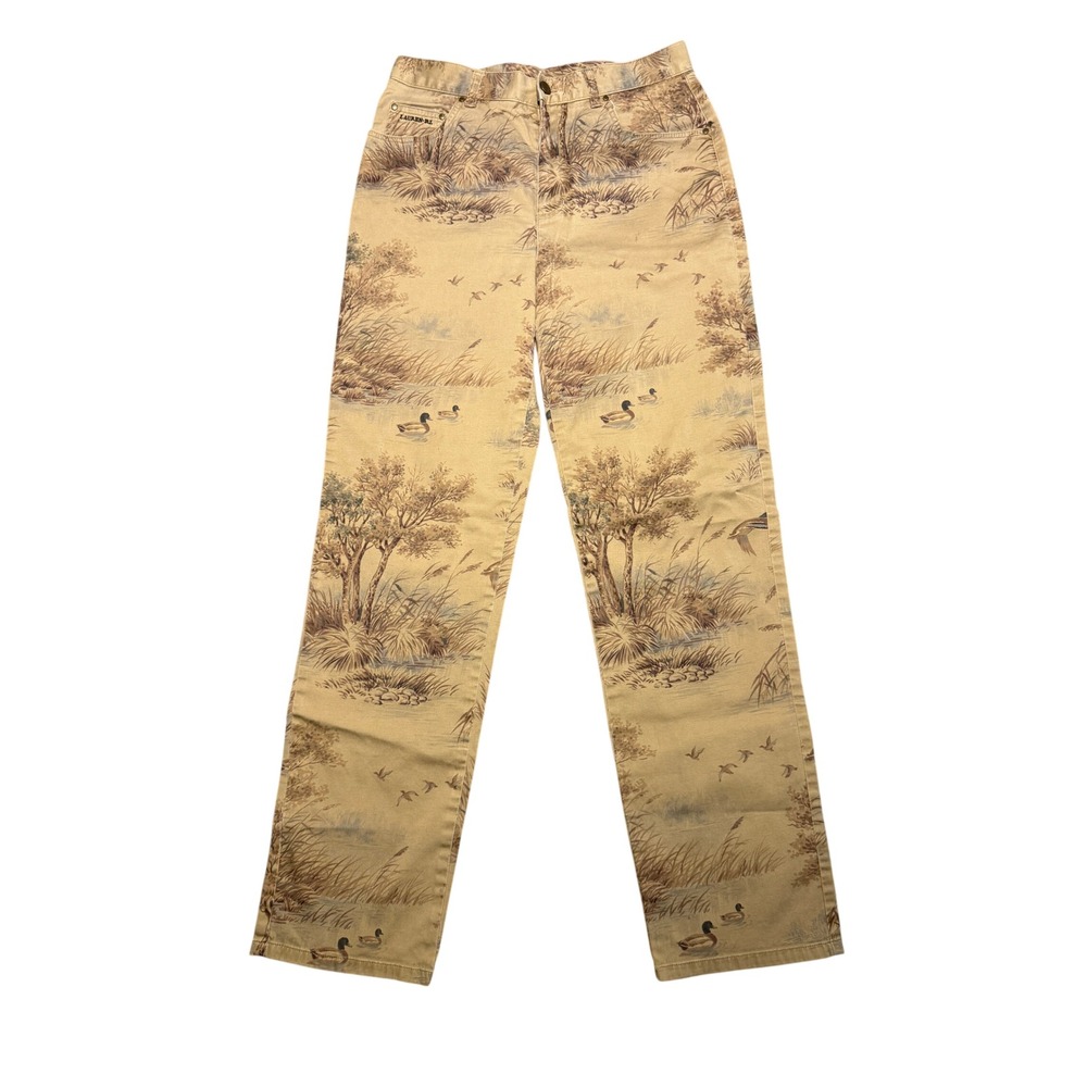 Lauren Ralph Lauren Duck Nature Print Pants Tan High Rise Straight Leg 29x28.5